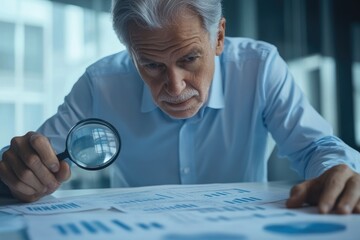 Senior businessman intensely scrutinizes financial reports using a magnifying glass, seeking insights and ensuring accuracy in a professional office environment.