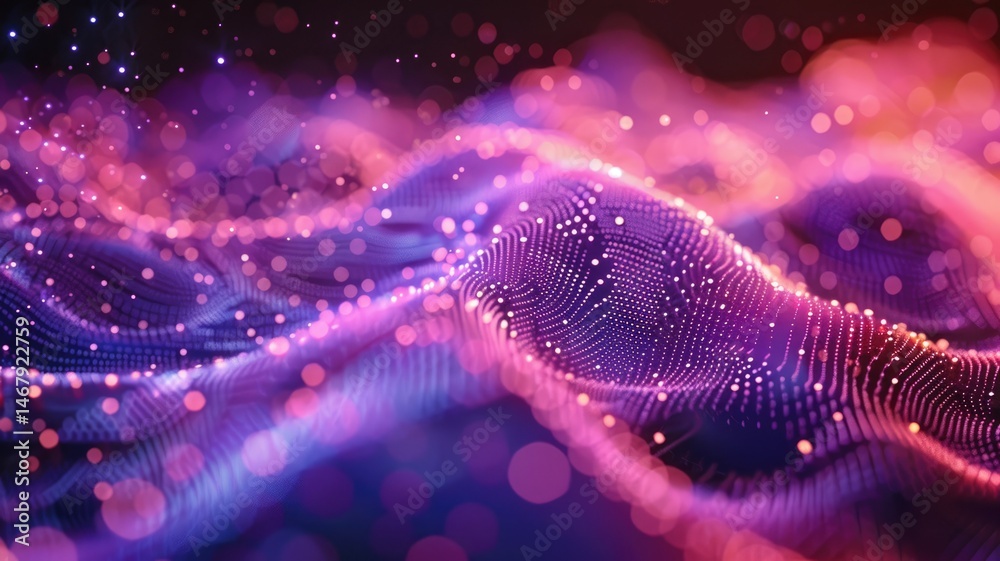 Poster abstract picture micro light sparkling particle represent data flow. vivid flowing wave with high te