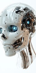 Fototapeta premium Detailed robot bust featuring transparent skull, visible mechanisms, metallic accents, and illuminated blue ocular implants