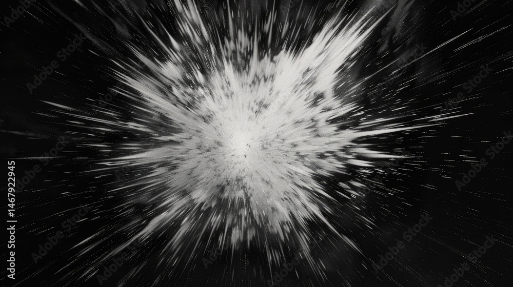 Poster captivating image of white spheres exploding against a black background, enhanced with neon light ef