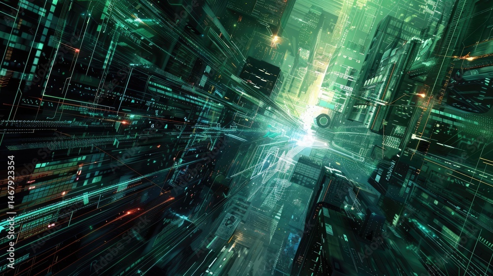 Poster abstract digital shape and particle technological cyber style design connecting become system shape 