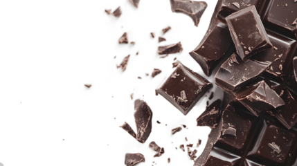 Dark Chocolate: Tempting close-up view of delicious dark chocolate pieces, evoking feelings of indulgence and culinary delight, isolated on a white background
