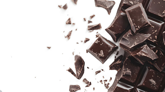 Dark Chocolate: Tempting close-up view of delicious dark chocolate pieces, evoking feelings of indulgence and culinary delight, isolated on a white background