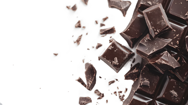 Dark Chocolate: Tempting close-up view of delicious dark chocolate pieces, evoking feelings of indulgence and culinary delight, isolated on a white background
