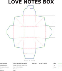 Detailed technical design for a die cut love notes box showing measurements and construction elements in a white background.
