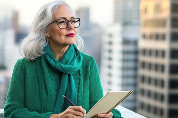 Elegant older woman with gray hair, glasses, and green outfit contemplates while holding a notepad on a high-rise building's balcony.