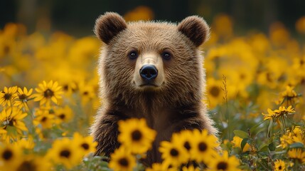 Fototapeta premium Grizzly bear in sunflower field