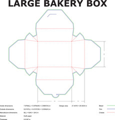 Detailed blueprint for a large bakery box with dimensions and cut lines suitable for packaging design and craft projects.