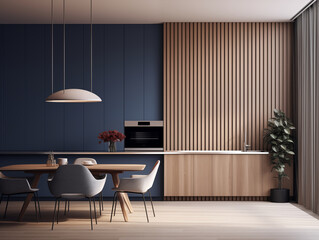 Mid century modern style inspired kitchen with wall panelling. Kitchen with wood panels. Natural wood inspired interior in brown and blue. 