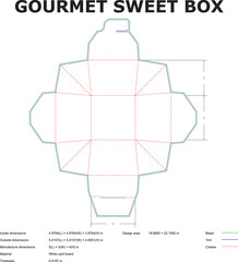Detailed die-cut template design for a gourmet sweet box showing trim bleed and crease lines ready for production.