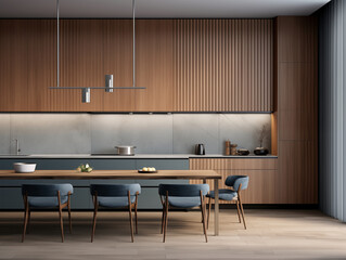 Mid century modern style inspired kitchen with wall panelling. Kitchen with wood panels. Natural wood inspired interior in brown and blue. 