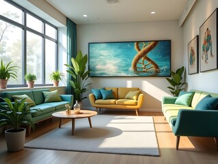 Wellness Lounge An inviting space within the clinic with comfortable seating plants and digital displays promoting a healthy lifestyle alongside gene therapy..