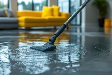 A vacuum cleaner is cleaning a flooded modern living room