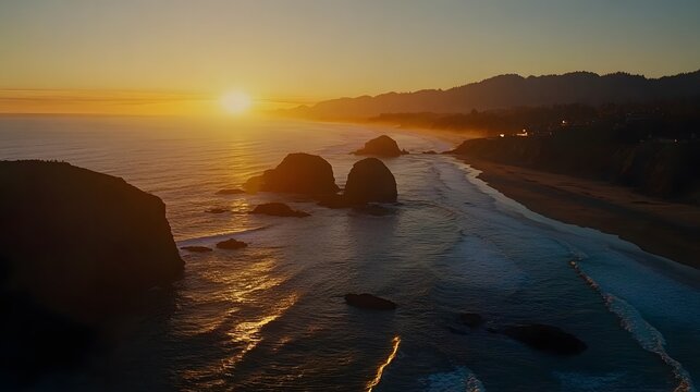 Stunning Sunset Coastal Landscape Ocean Rocks Aerial View