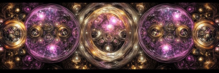 Intricate, glowing spheres of gold and amethyst, nested within each other, creating a mesmerizing pattern.  Detailed with ornate, swirling designs and sparkling highlights