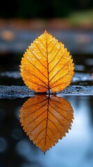 Autumn leaf resting on a puddle, reflecting perfectly