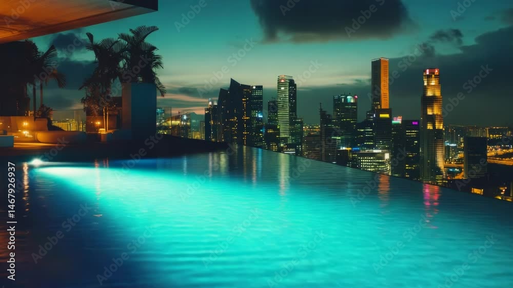 Poster A nighttime scene with a pool and a cityscape in the background
