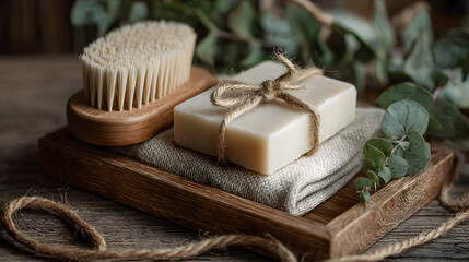 Natural Handmade Soap, Wooden Tray, and Body Brush Spa Kit
