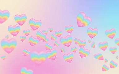 Fototapeta premium Rainbow gradient glitter hearts float gently on a pastel, softly blurred gradient background