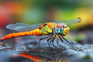 A vibrant and colorful dragonfly resting near a reflective surface