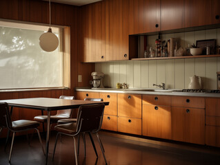 Mid century modern style inspired kitchen with wall panelling. Kitchen with wood panels. Natural wood inspired interior. 