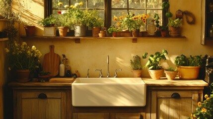 The rustic style is evident in the wooden cabinets and terracotta pots