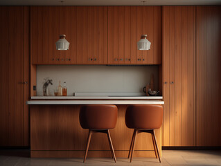 Mid century modern style inspired kitchen with wall panelling. Kitchen with wood panels. Natural wood inspired interior. 