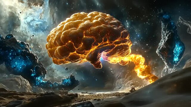 Golden brain erupting with fiery energy in a cosmic landscape