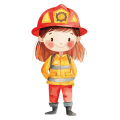 watercolor illustration of girl Firefighter clipart isolated