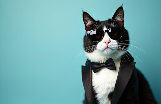 Cute cat wearing tuxedo, sunglasses on blue background. Funny pet concept, business animal dressed like boss. Cat in formal wear, office, work, boss, gentleman.