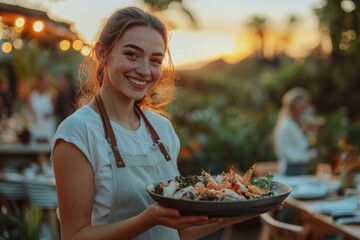 Smiling young woman holds a plate of grilled shrimp outdoors at sunset for guests.