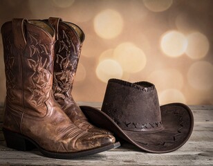 pair of worn cowboy boots and hat