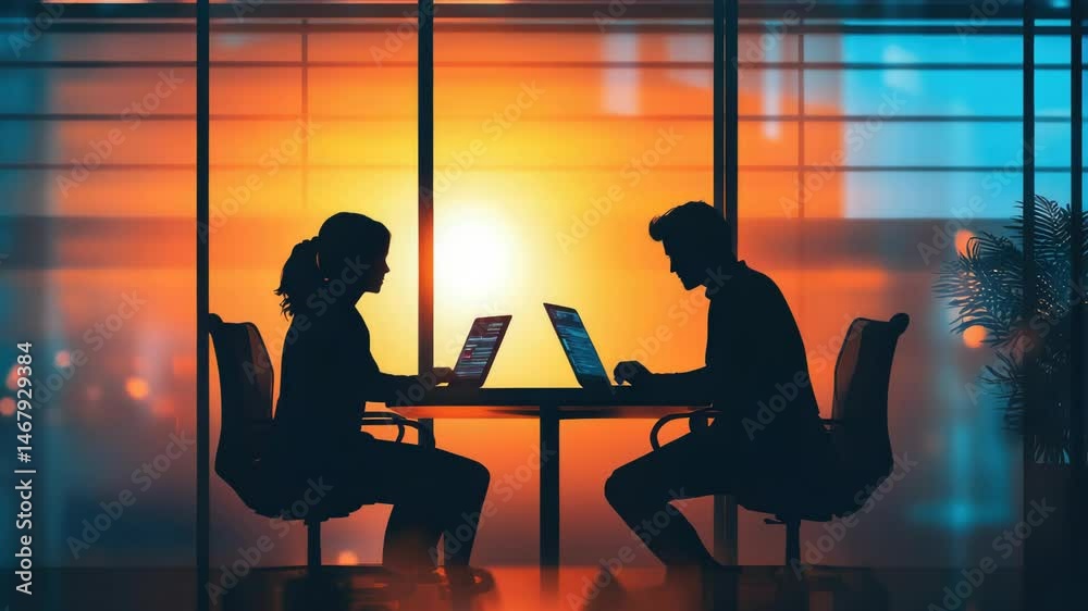 Poster two individuals working together at a desk with their laptops open, possibly collaborating or studyi