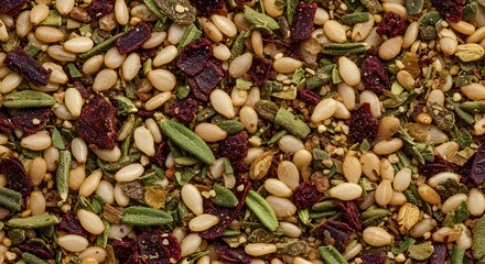 Close up view of a mixture of seeds dried herbs and red dried fruit pieces scattered