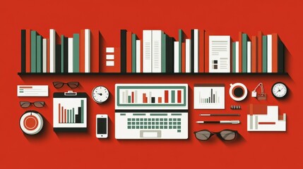 Creative workspace with laptop books coffee and gadgets for remote work learning and productivity in a modern flat lay design backdrop