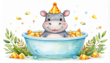 Happy Hippo Bath Time Fun - A cute hippopotamus enjoys a candy corn bubble bath, symbolizing joy, sweetness, playfulness, celebration, and purity