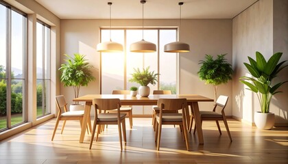 Modern Dining Room Sunlit Interior Design - Bright and airy dining room with large windows, wooden table and chairs, and potted plants. Sunlight streams in