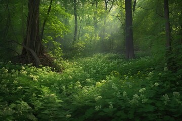 Obraz premium Lush forest floor bathed in morning light