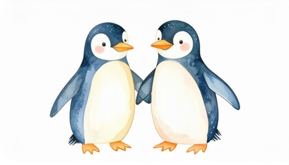 Fototapeta premium Penguin Pals: A Watercolor Friendship - Two adorable penguins holding flippers, symbolizing friendship, loyalty, companionship, love, and winter. Soft watercolor