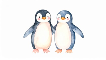 Obraz premium Penguin Pals: A Watercolor Friendship - Two adorable penguins holding flippers, symbolizing friendship, companionship, loyalty, love, and winter