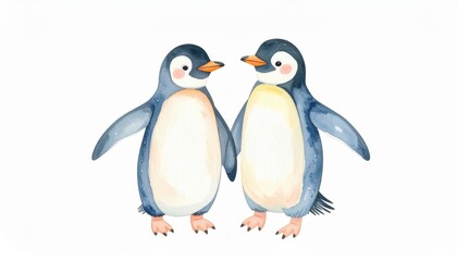 Fototapeta premium Penguin Pals Watercolor Painting - Two adorable penguins holding flippers, symbolizing friendship, love, companionship, loyalty, and togetherness. Gentle watercolor