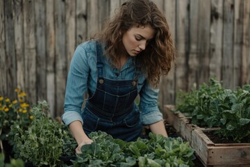 A young woman with curly hair, dressed in denim, tending to her organic garden full of leafy green vegetables.