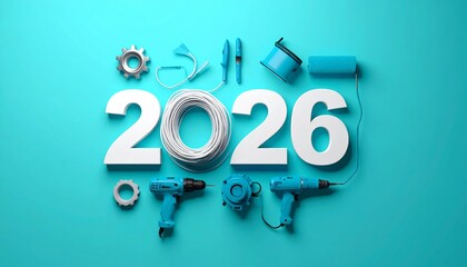 Tools and 2026 New Year Concept - Blue tools arranged around the number 2026 on a light blue background. New year, home improvement, DIY