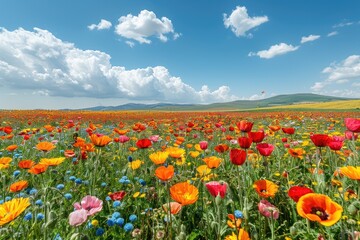 Fototapeta premium A vibrant field with colorful flowers under a blue sky