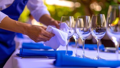 Waitress meticulously preparing a table setting polishing wine glasses with a white cloth outdoor event