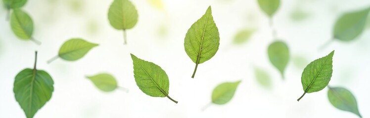 Obraz premium Falling green leaves on transparent background. Dynamic motion, slow movement, wind effect. Ideal for nature, eco themes. Fresh, clean, modern design for presentation, wallpaper, banner.