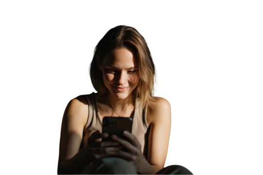 Happy young woman using smartphone in soft sunlight against dark background casual lifestyle portrait on transparent background - Powered by Adobe
