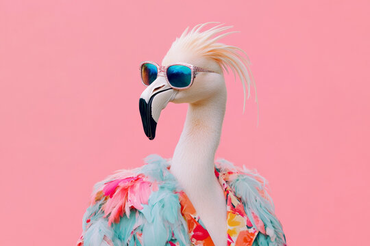 Stylish Flamingo in Elegant Dress and Sunglasses Posing on Pink Background for Fun Fashion