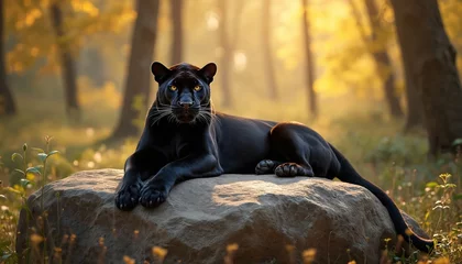 Fototapete Black panther rests on a rock in sunlight. Stunning big cat with yellow eyes lies peacefully in golden hour. Predator in natural habitat. Wild animal relaxing in jungle. © Pete