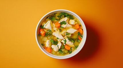 High-angle, close-up image of a bowl of chicken soup, showcasing the vibrant orange background and the various ingredients.